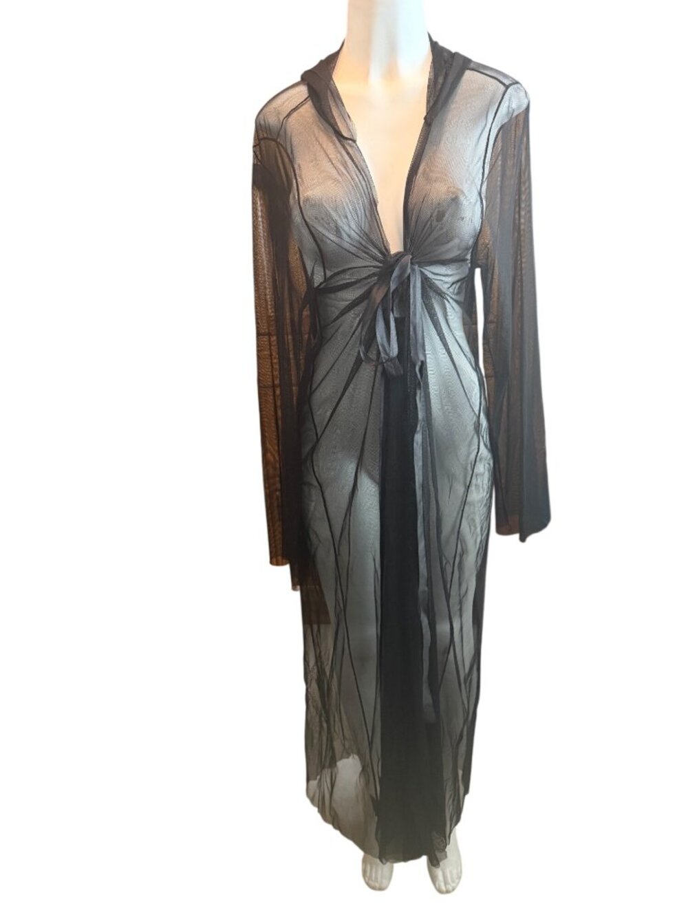Fetish Fantasy Lingerie Black Sheer Long Hooded Robe With Tie Front